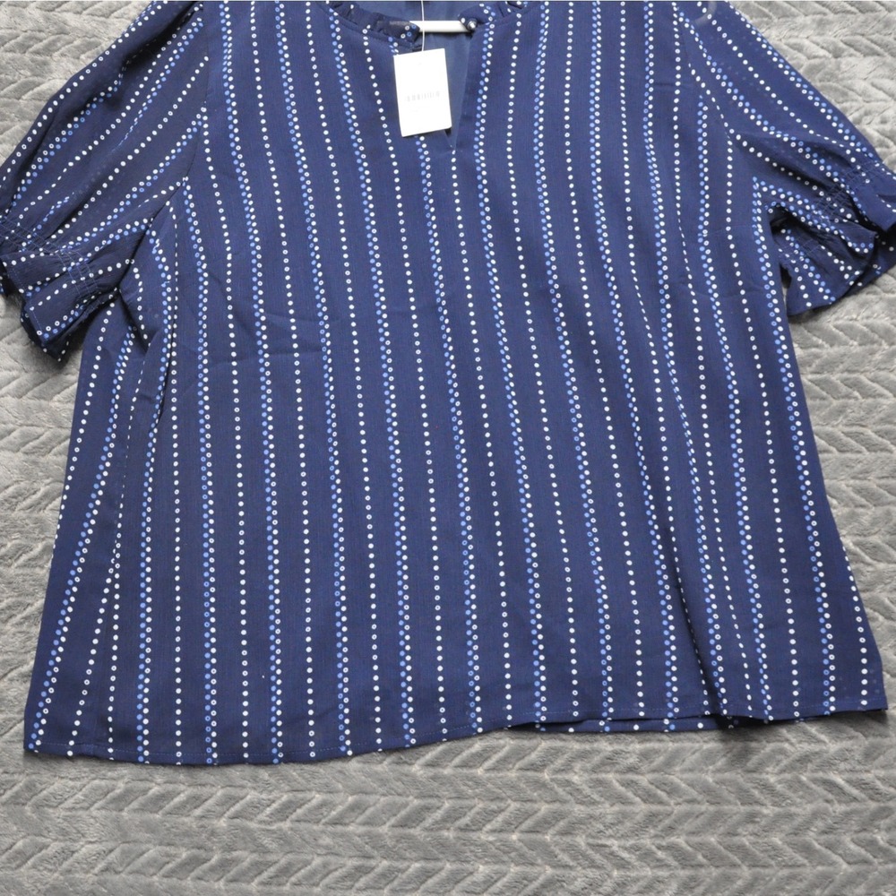 J.Crew Split Neck Blouse L Navy Blue New Dotted Stripe Ruffle Puff Sleeve (1829) - Picture 3 of 10